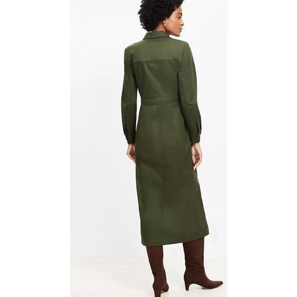 LOFT Twill Snap up 100% Cotton Green Midi Pocket Dress Size 6P Petites Office - Picture 3 of 13